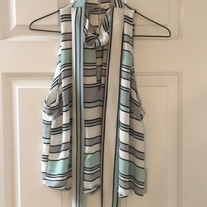 Teal and gray striped flowy tie front blouse NWT